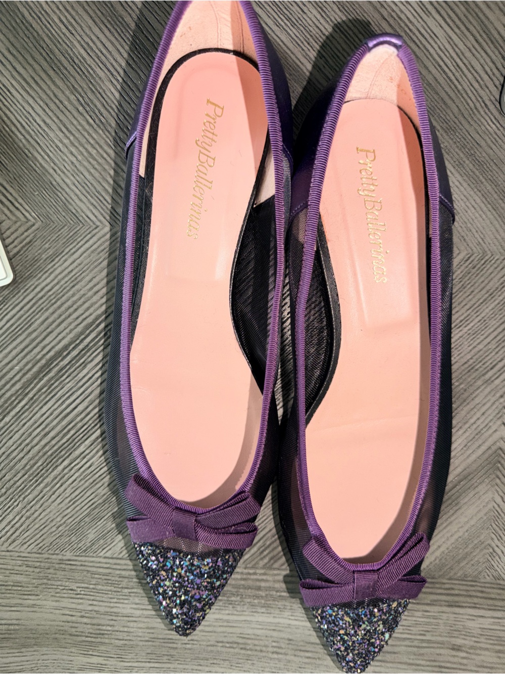 Pretty Ballerinas Purple Pointed Glitter-Toe Flats with Bow